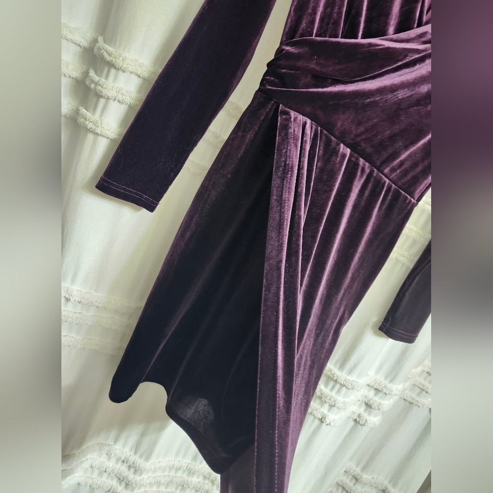 Le Chateau Deep Purple Faux Wrap Long Sleeve Dress. - Picture 6 of 8